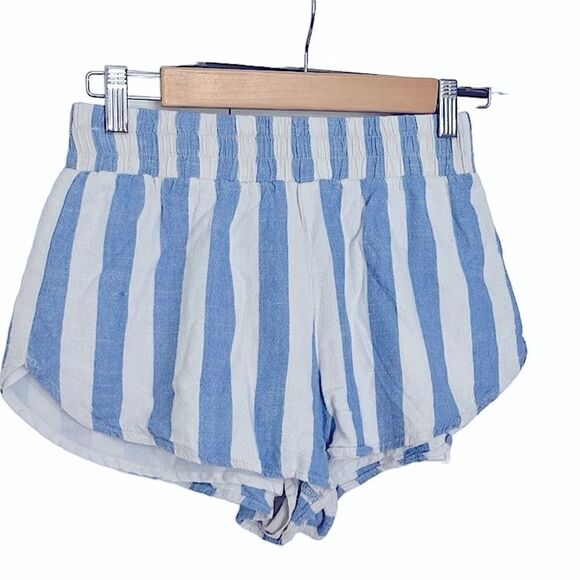 Forever 21 High Waist Linen Blend Casual Shorts Blue/White Cabana Stripe Small - Picture 2 of 12